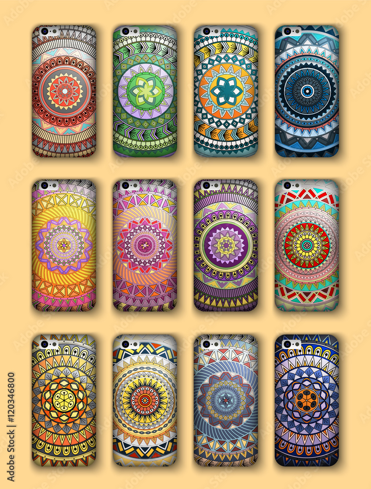 Fototapeta premium Phone cover collection, boho style pattern. Vector background. Vintage decorative elements. Hand drawn . Islam, arabic, indian, ottoman motifs.