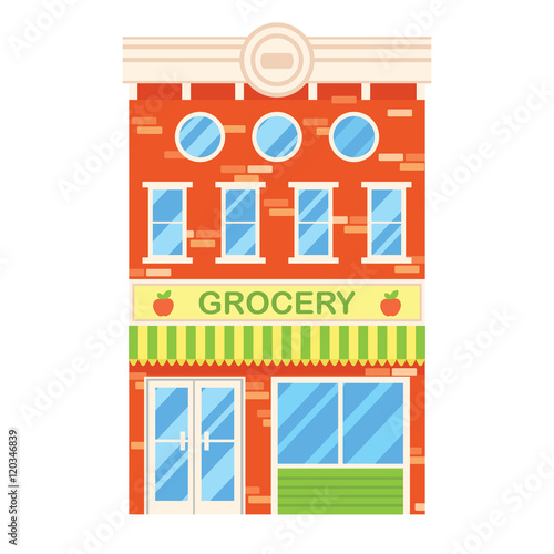 Vector illustration of retro building with grocery shop. Facade of a retro house in flat style. Three storey town building with grocery. 