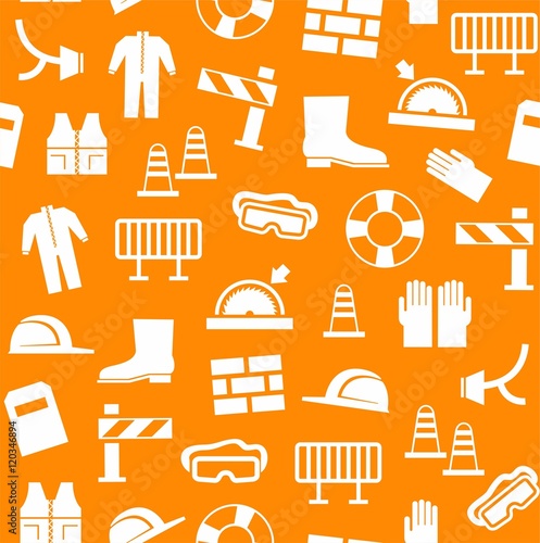 Occupational safety, personal security, background, seamless, orange. White flat icons of protective clothing and protective items on an orange background. Vector background. 