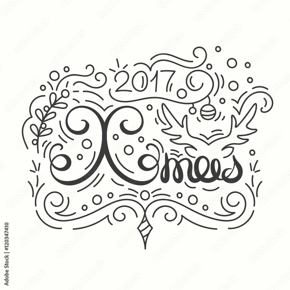 Fototapeta premium Xmas 2017 Card. Winter Holiday Typography. Handdrawn Lettering. Poster With Line Art Christmas Elements.