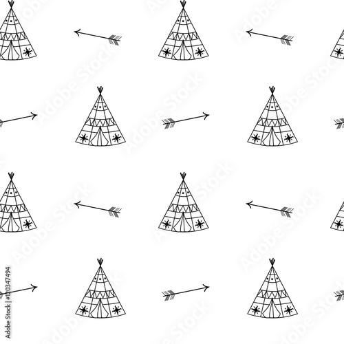 black white tepee seamless vector pattern background illustration

