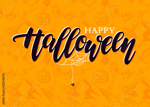 Happy Halloween vector lettering with detailed engraving backgro