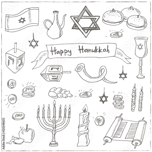 Happy Hanukkah doodle set. Vintage illustration