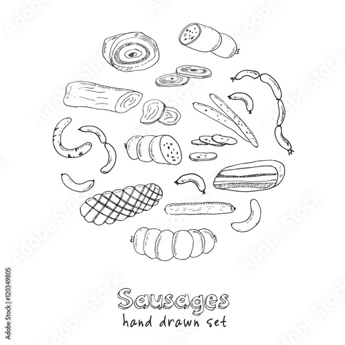 Sausages set. Hand drawn vector illustrations. food icons for restaurant menu or package design.