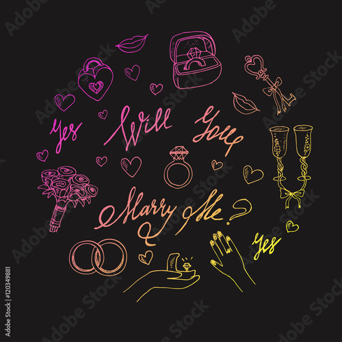 vector wedding set Marry me ring, flowers, cake