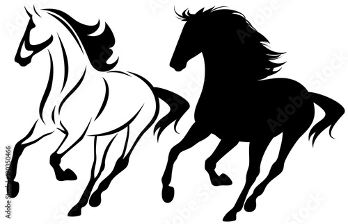 running horse black and white vector outline design and silhouette