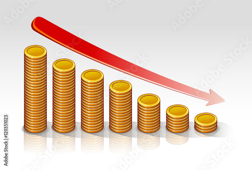 Coins diagram drop vector illustration on a light background with a red arrow