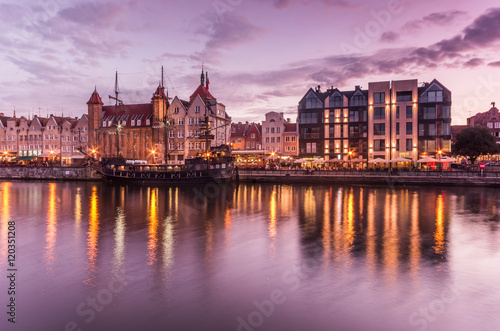 Waterfront in the evening with moored ship, Gdansk, Poland