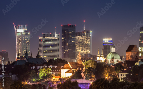 Night panorama of Warsaw downtown skyline in the night © tomeyk