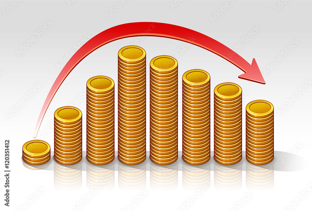 Coins diagram drop vector illustration on a light background with a red arrow Coins diagram drop vector illustration on a light background with a red arrow