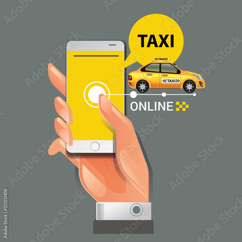 Taxi on line. Taxi sign. Taxi service on smart phone. Mobile app for booking taxi. Vector illustration. Call taxi with smart phone.