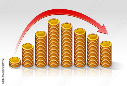 Coins diagram drop vector illustration on a light background with a red arrow