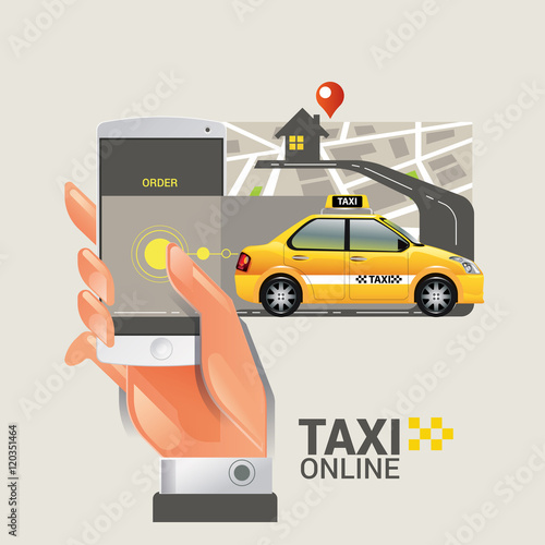 Taxi on line. Taxi sign. Taxi service on smart phone. Mobile app for booking taxi. Vector illustration. Call taxi with smart phone.
