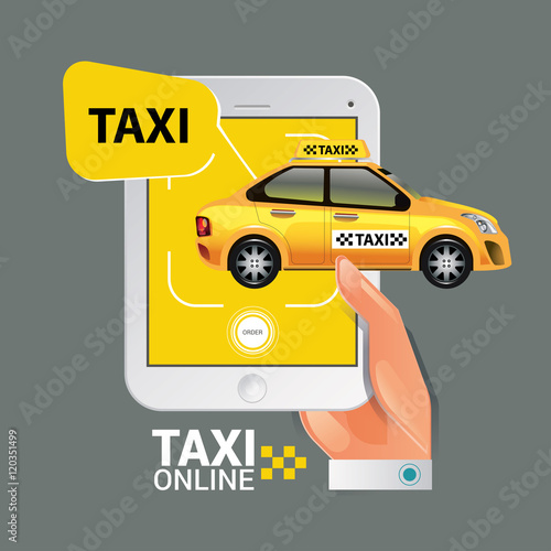 Taxi on line. Taxi sign. Taxi service on smart phone. Mobile app for booking taxi. Vector illustration. Call taxi with smart phone.
