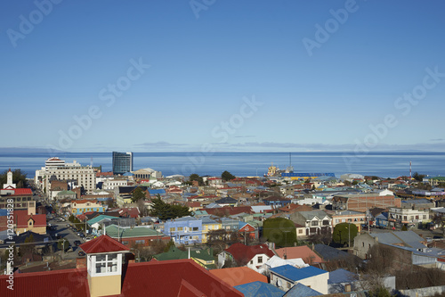 Colourful rooftops of Punta Arenas in southern Chile overlooking the Strait of Magellan.