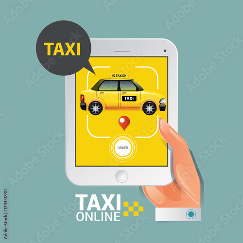 Taxi on line. Taxi sign. Taxi service on smart phone. Mobile app for booking taxi. Vector illustration. Call taxi with smart phone.