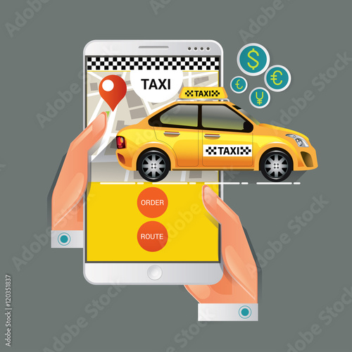 Taxi on line. Taxi sign. Taxi service on smart phone. Mobile app for booking taxi. Vector illustration. Call taxi with smart phone.