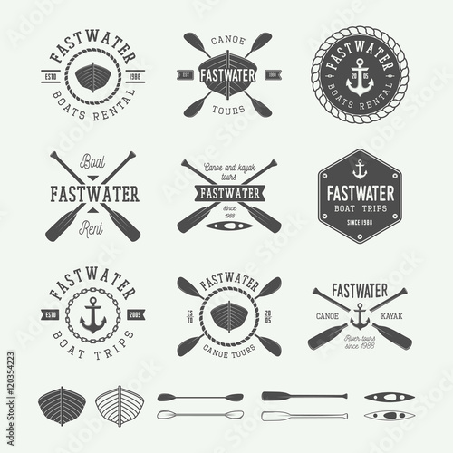 Set of vintage rafting logo, labels and badges. Graphic Art. 