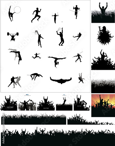 Silhouettes of athletes and posters of happy fans