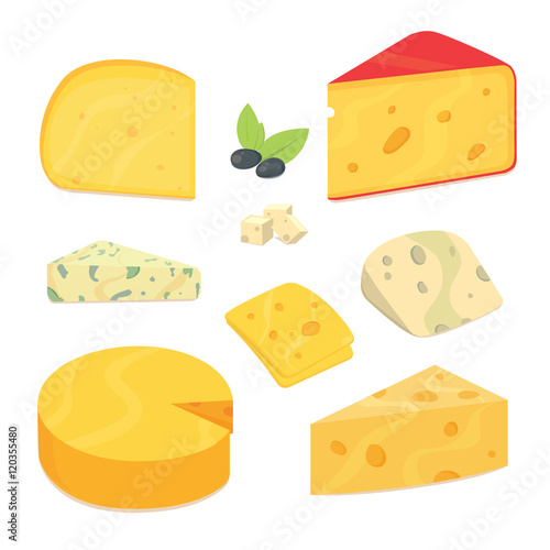 Delicious fresh cheese variety icon flat set isolated vector illustration