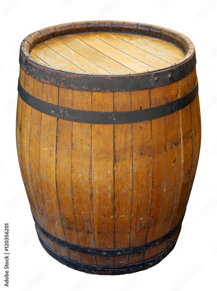Fototapeta premium Old big wooden barrel isolated on white. Clipping path included.