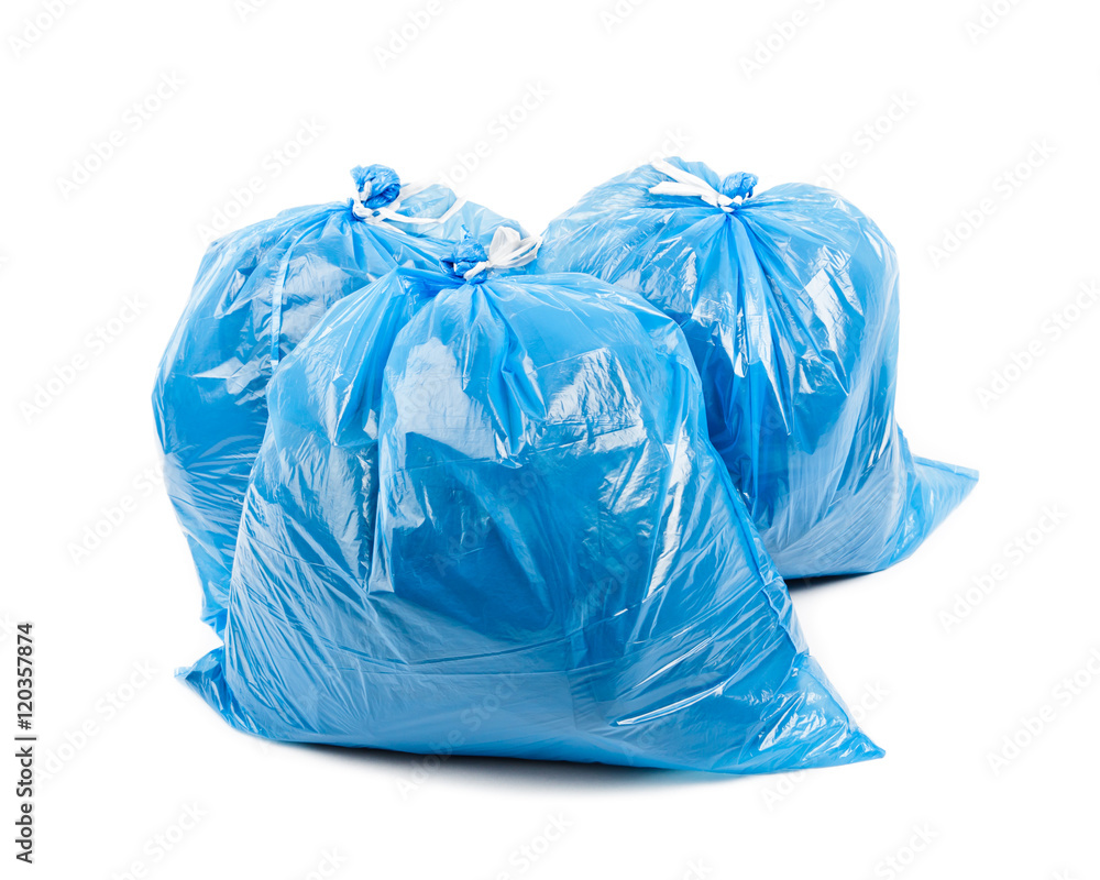 Three blue garbage bags