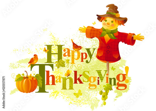 Autumn scarecrow vector illustration on white background with gardening elements - beautiful fall pumpkin vegetable, butterflies, robin birds, snail. Seasonal natural concept template, text lettering