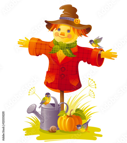 Autumn scarecrow vector illustration on white background with gardening elements - beautiful fall pumpkin vegetable, watering can, tit birds, snail. Seasonal natural concept template, text lettering