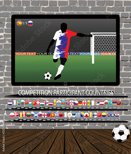 All Fifa world cup Russia 2018 participant countries flags, web buttons in chrome ring. vector illustration of big flat tv showing online football game. Brickwork seamless pattern, interior design