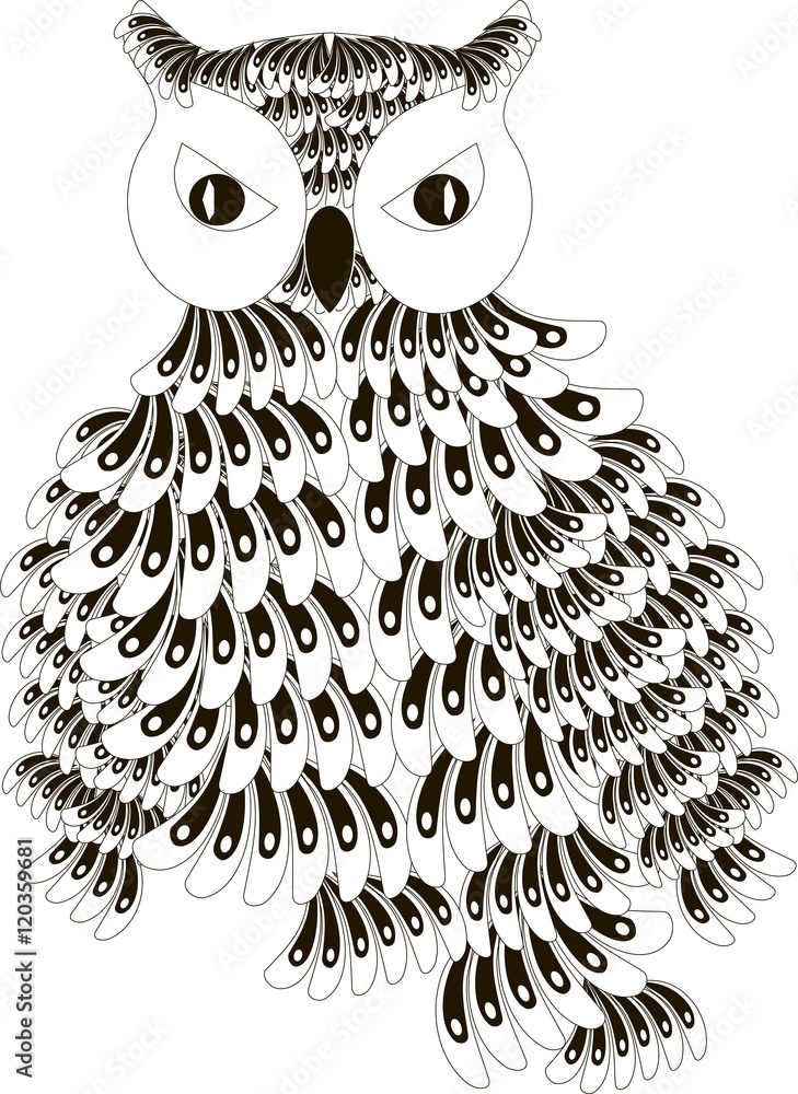 Stylized black and white owl with folded wings, hand drawn, vector ...