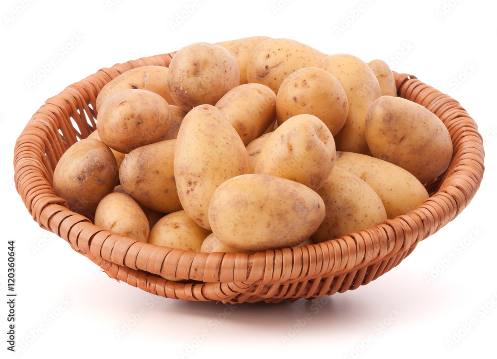Potato tuber in wicker basket isolated on white background Potato tuber in wicker basket isolated on white background