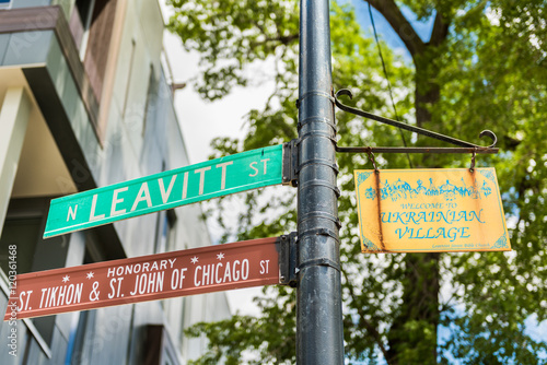 Street sign and directions in Ukrainian village in Chicago, Illinois