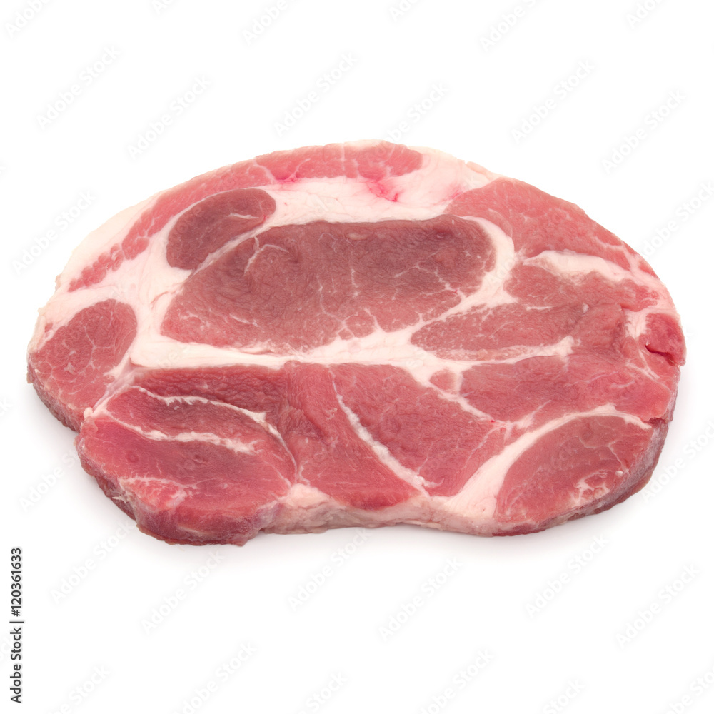 Raw pork neck chop meat isolated on white background cutout Raw pork neck chop meat isolated on white background cutout