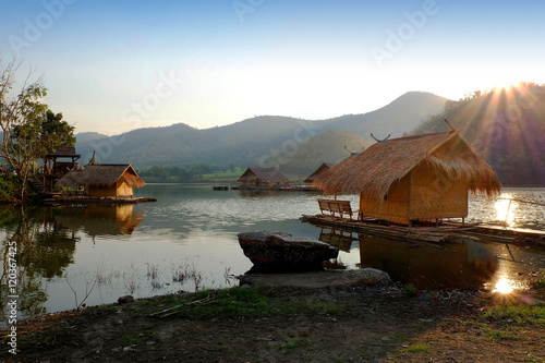 Konstfotografi the lagoon with mountain background at khao wong reservoir Suphanburi province T