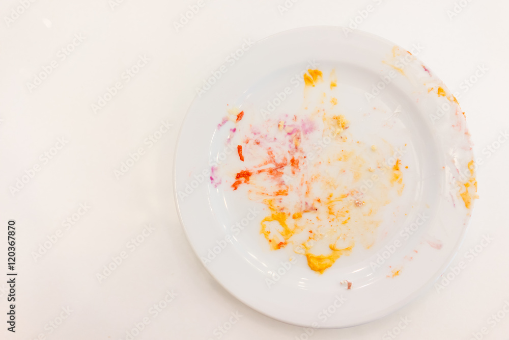 Empty white plate with crumbs and cream Empty white plate with crumbs and cream