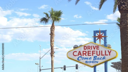 Las Vegas Exit sign, bright sky on a beautiful day with palm trees, room for text or incentives and offers on the left side. I also have a centered version in my portfolio.