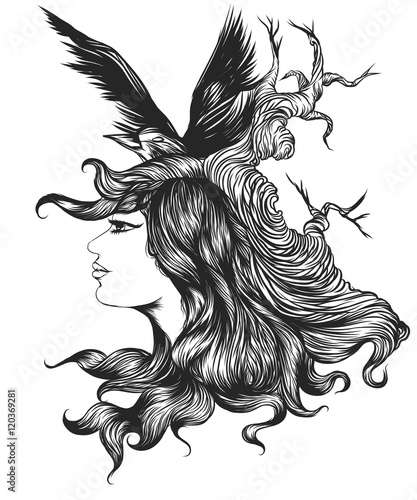 Silhouette woman with raven crow vector hand drawing background