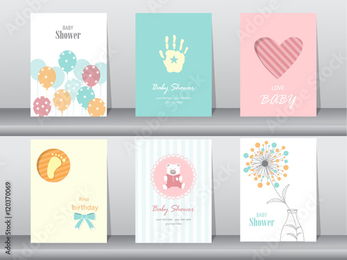 Collection of  baby shower invitation card ,balloons,hand prints,Vector illustrations