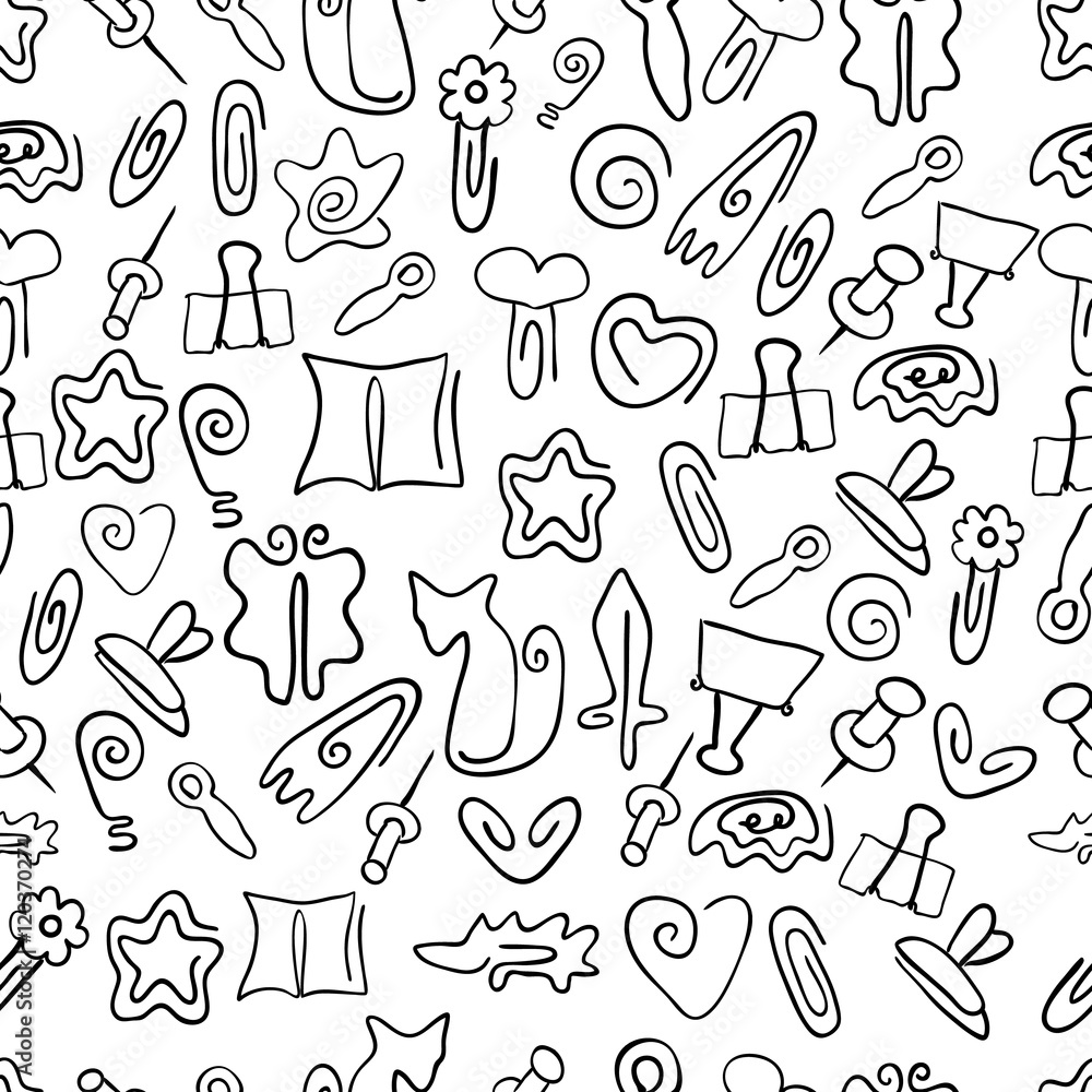 Doodle seamless pattern Back to school. Vector illustration of paper clips in the form of leaves, flowers and stars, rocket, cats, books, hedgehog Doodle seamless pattern Back to school. Vector illustration of paper clips in the form of leaves, flowers and stars, rocket, cats, books, hedgehog
