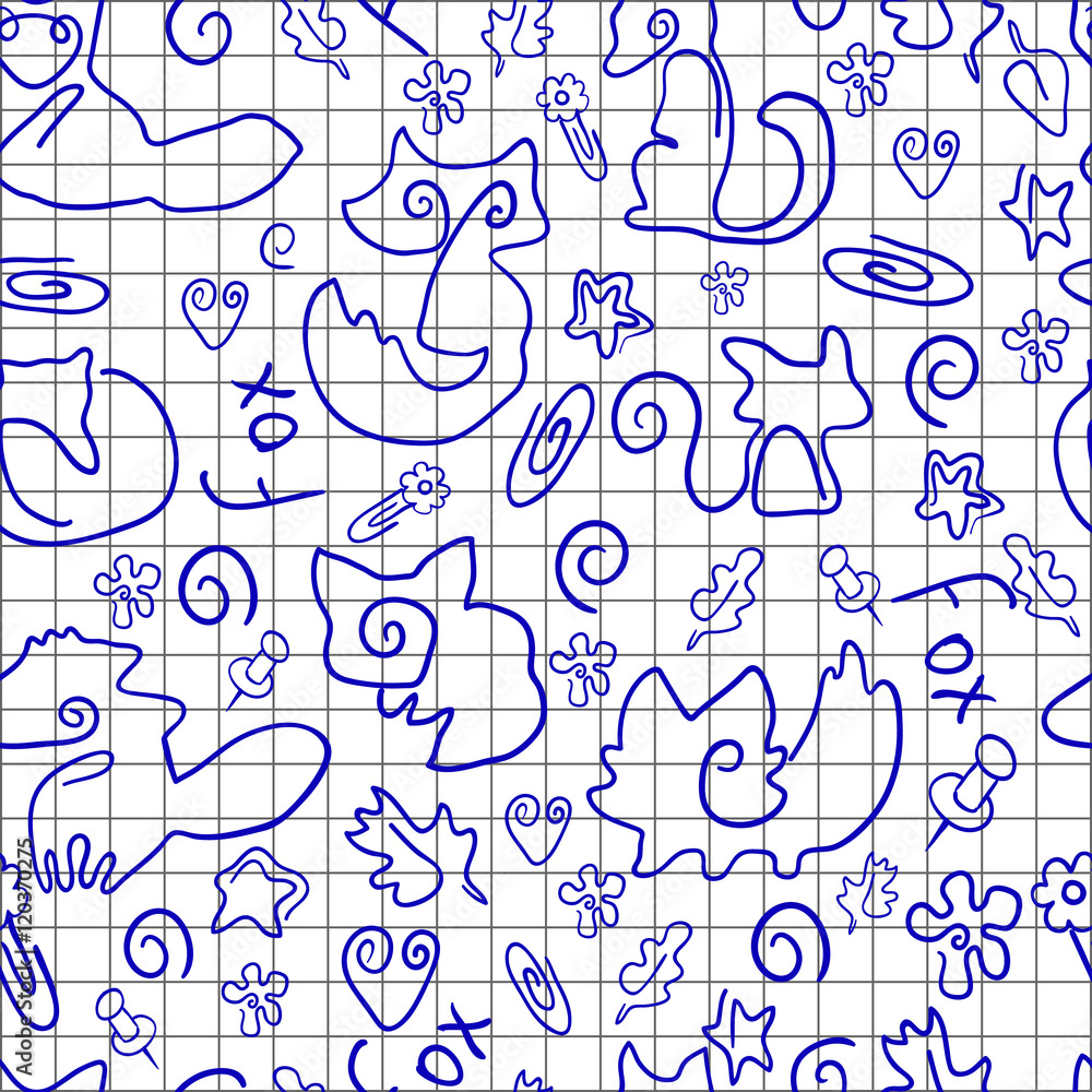 Doodle seamless pattern Back to school.The effect of a ballpoint pen, drawn on notebook sheet. Vector illustration of paper clips in the form of leaves, flowers, stars and fox