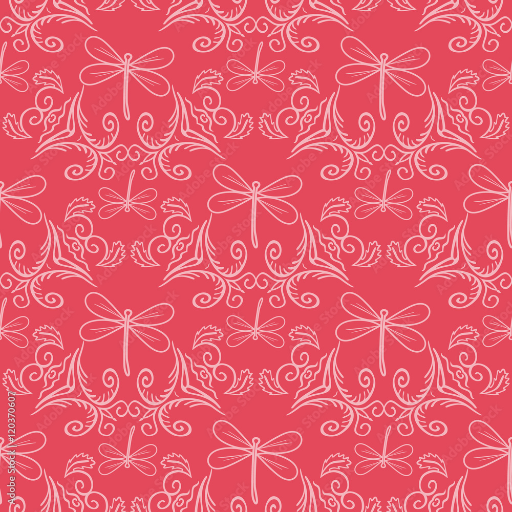 Fototapeta premium seamless pattern with ornament and dragonflies