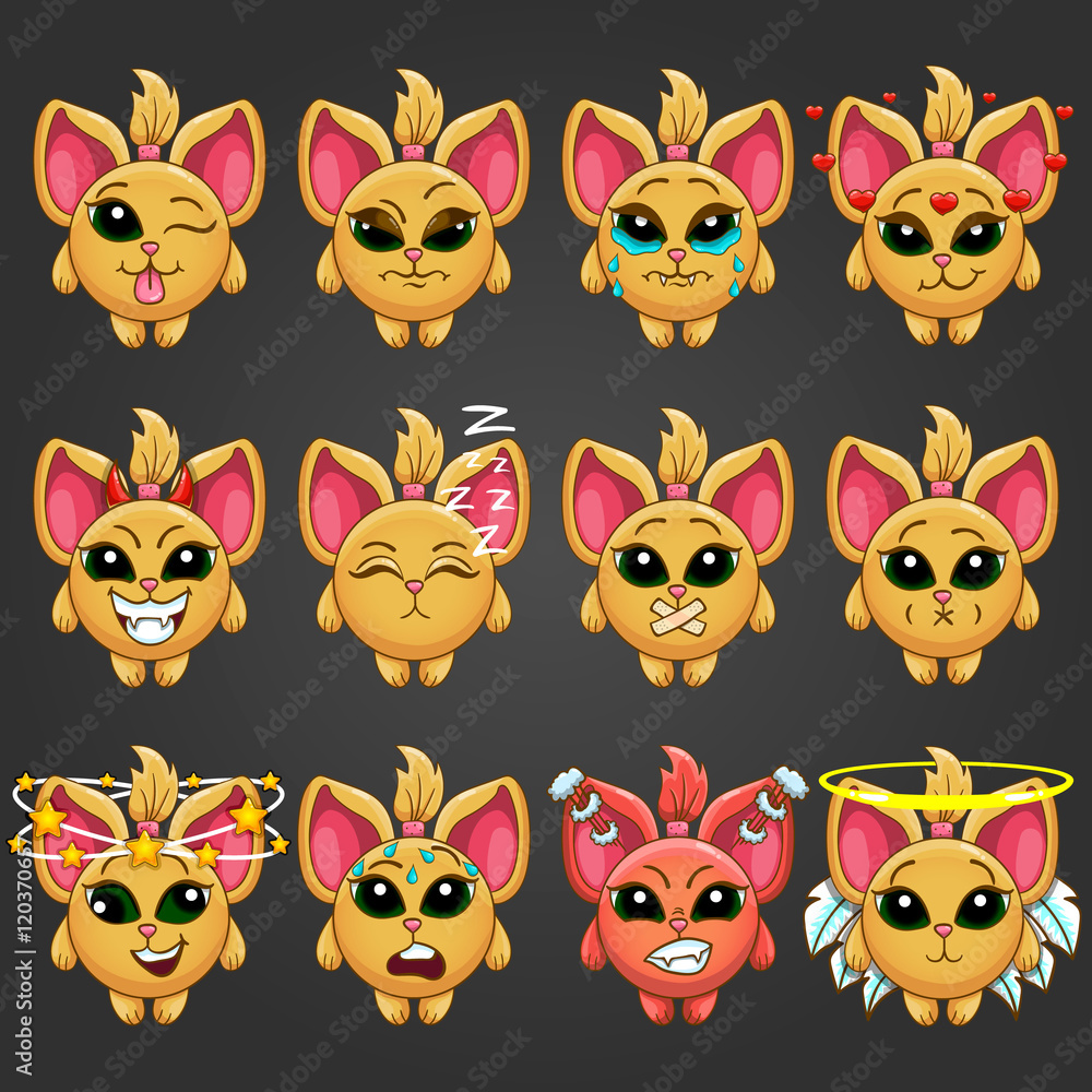 Fototapeta premium Set cute cartoon fantastic animal like a cat with different emot