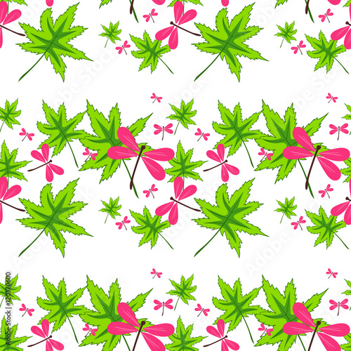 seamless pattern with leaves and dragonflies-1
