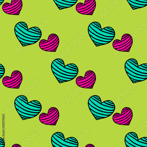 Seamless striped pattern with hearts on a light green background