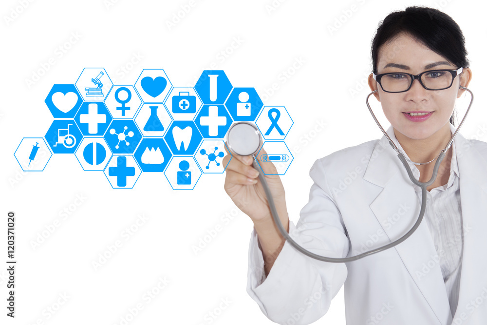 Female doctor working with futuristic screen Female doctor working with futuristic screen