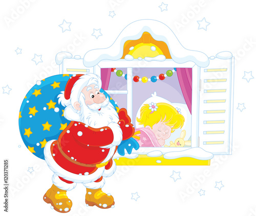 Santa Claus brought his gifts for a little sleeping girl