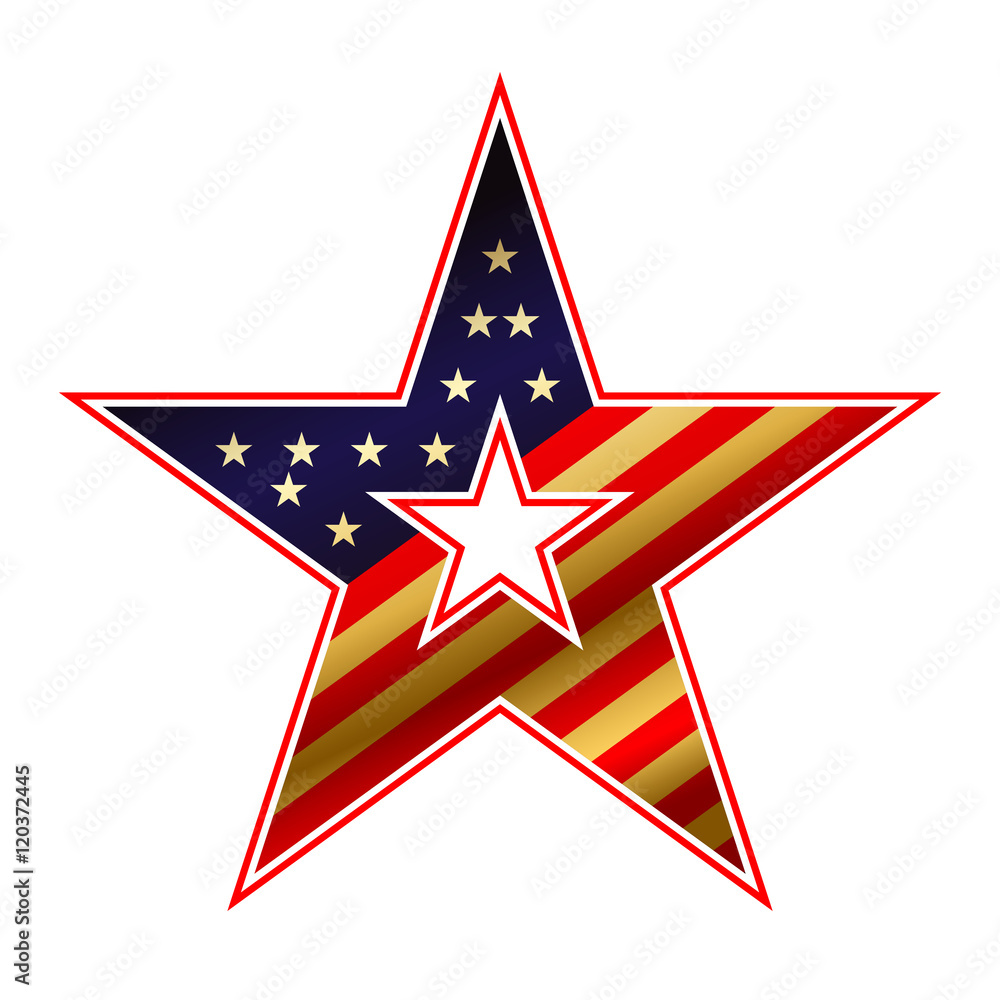 American flag in star sign with gold. Icon isolated on white background. Patriotic graphics. National design element for banner, label. Symbol America, freedom, celebration. Vector illustration American flag in star sign with gold. Icon isolated on white background. Patriotic graphics. National design element for banner, label. Symbol America, freedom, celebration. Vector illustration