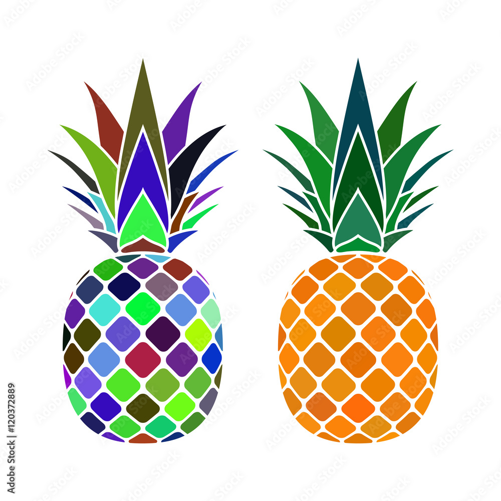 Pineapple with leaf icons set. Tropical fruits isolated on white background. Symbol of food, sweet, exotic summer, vitamin, healthy. Nature logo. Flat concept. Design element Vector illustration