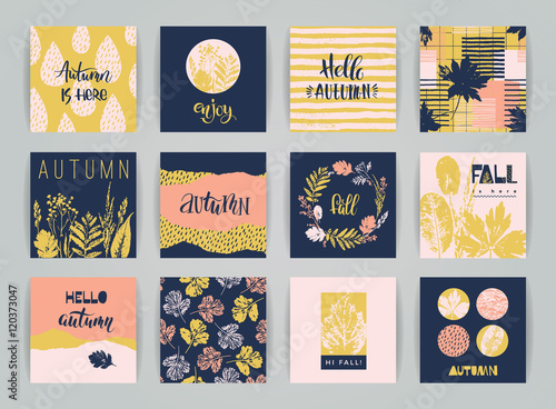 Set of artistic creative autumn cards.