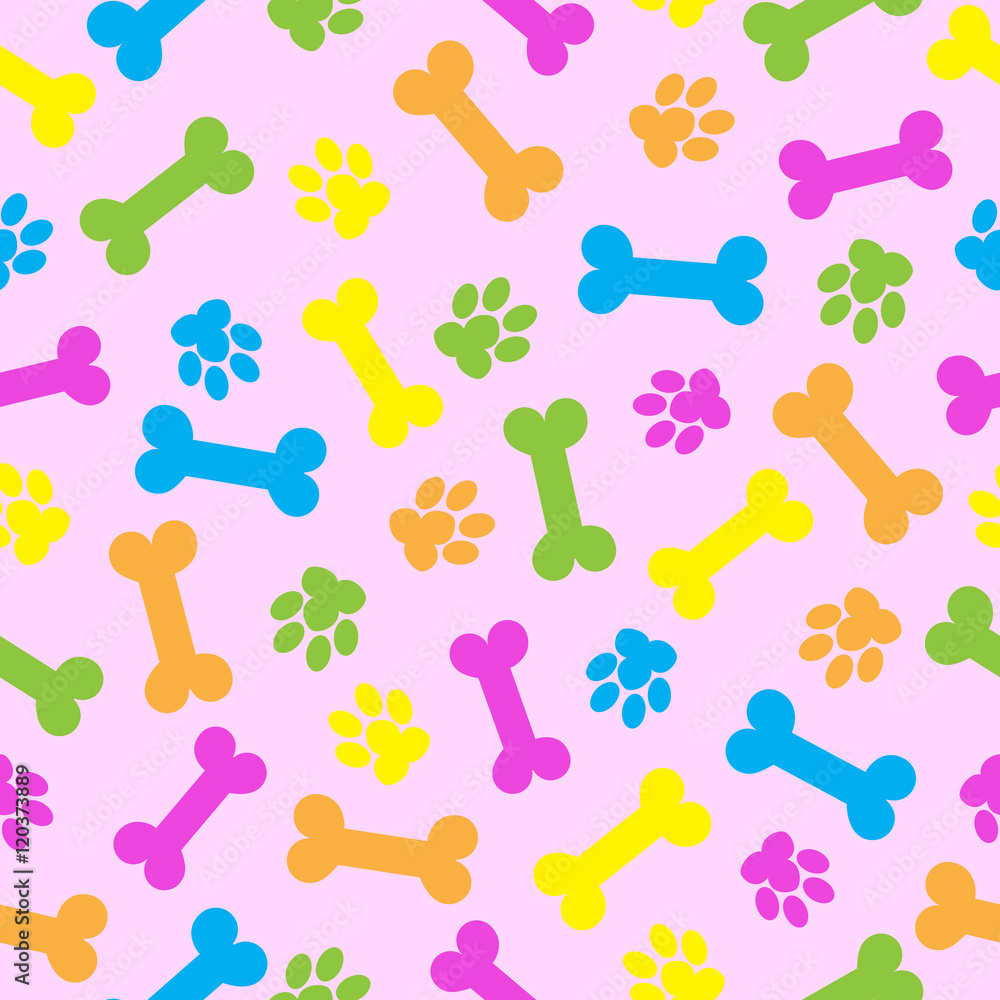 Seamless background with colorful bones and dog paws on pink background suitable for wrapping paper, wallpaper, and card Stock Vector | Adobe Stock Seamless background with colorful bones and dog paws on pink background suitable for wrapping paper, wallpaper, and card Stock Vector | Adobe Stock